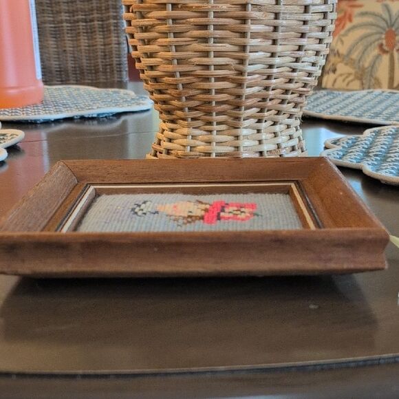 Vintage Framed Needlepoint Art Picture Girl with Pink Hat - Picture 6 of 8